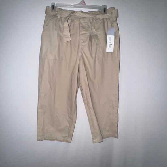 NWT Just Be Women’s Twil Crop Khaki Pants with Belt Size Medium Elastic - Picture 1 of 7